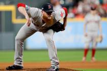 In this Oct. 17, 2018, file photo, Boston Red Sox relief pitcher Craig Kimbrel prepares to thr ...