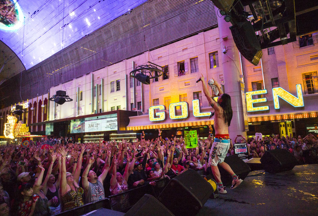 Steve Aoki performs on the Main Street Stage at the Fremont Street Experience after the debut o ...