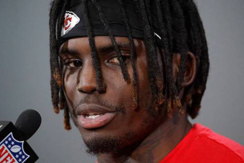 In this Jan. 18, 2019, file photo, Kansas City Chiefs wide receiver Tyreek Hill talks to the me ...