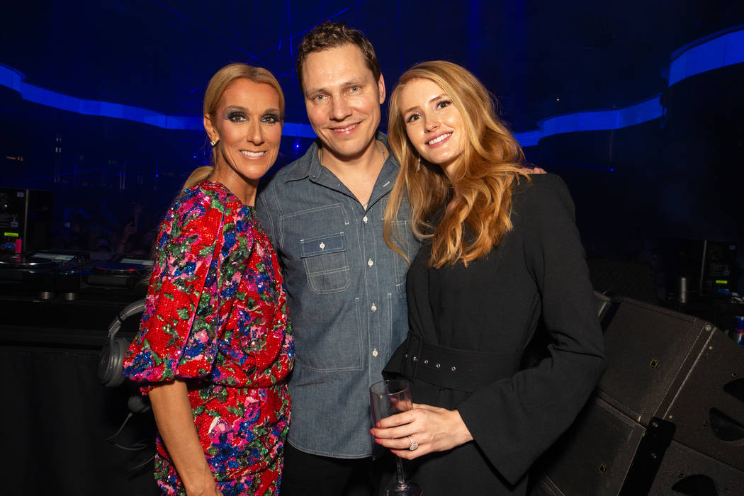 Celine Dion, Tiesto and his fiance, Annika Backes, celebrate the end of Dion's 16-Year run at t ...