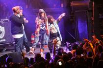 Bushwick Bill, right, joins Jurassic 5's Zaakir, Mark 7even, and Akil, from left, onstage durin ...
