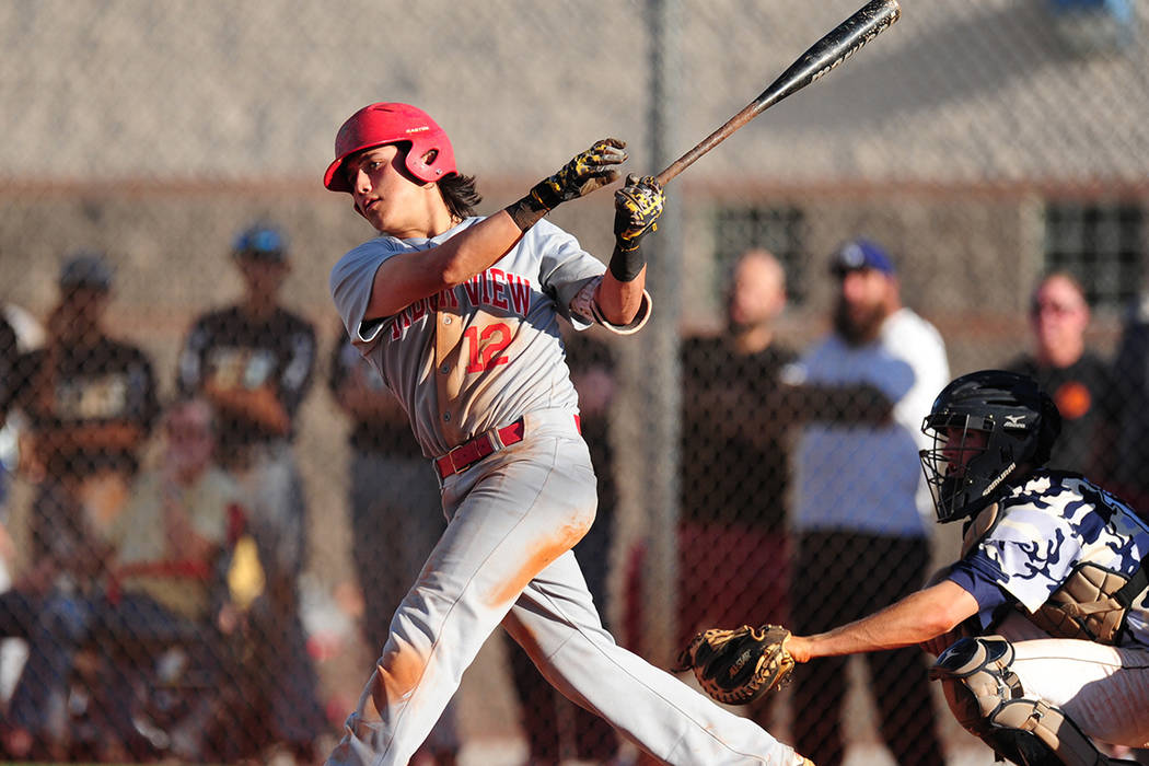 Arbor View shortstop Nick Quintana hits an RBI double against Shadow Ridge in the seventh innin ...