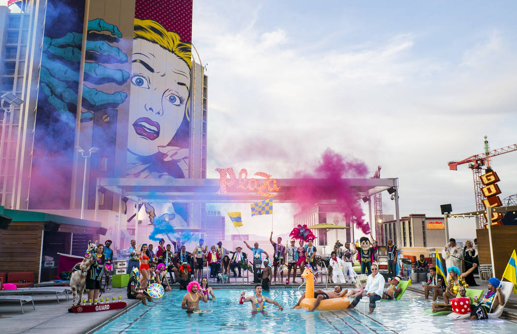 Players and special guests pose for the Lights FC team photo shoot at the Plaza in Las Vegas on ...