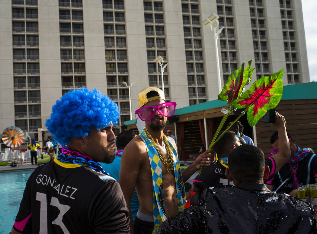 Lights FC players prepare for the team's photo shoot at the Plaza in Las Vegas on Tuesday, June ...