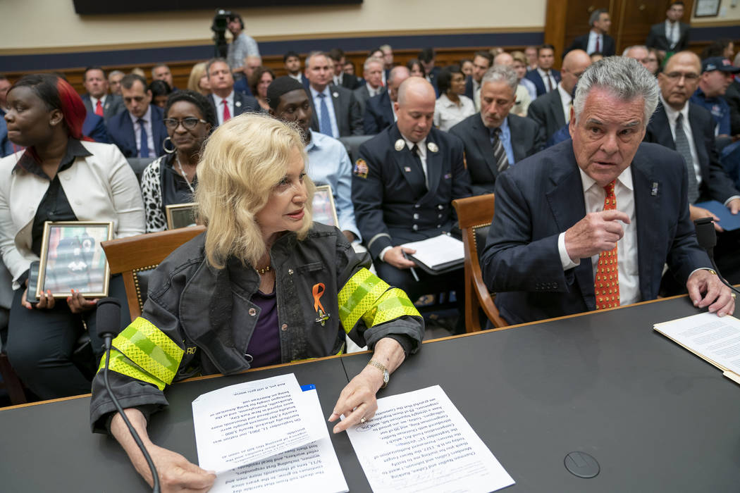 Rep. Carolyn Maloney, D-N.Y., left, and Rep. Peter King, R-N.Y., testify at a hearing by the Ho ...