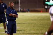 Canyon Springs Pioneers high school football head coach Hunkie Cooper reacts after Palo Verde P ...