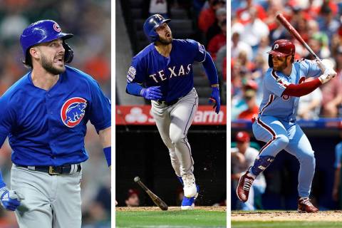 Kris Bryant of the Chicago Cubs (from left), Joey Gallo of the Texas Rangers and Bryce Harper o ...