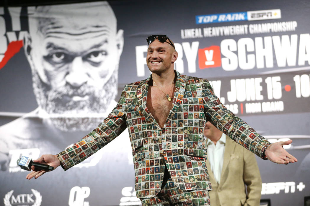 Tyson Fury during a press conference for his upcoming boxing fight at the MGM Grand hotel-casin ...