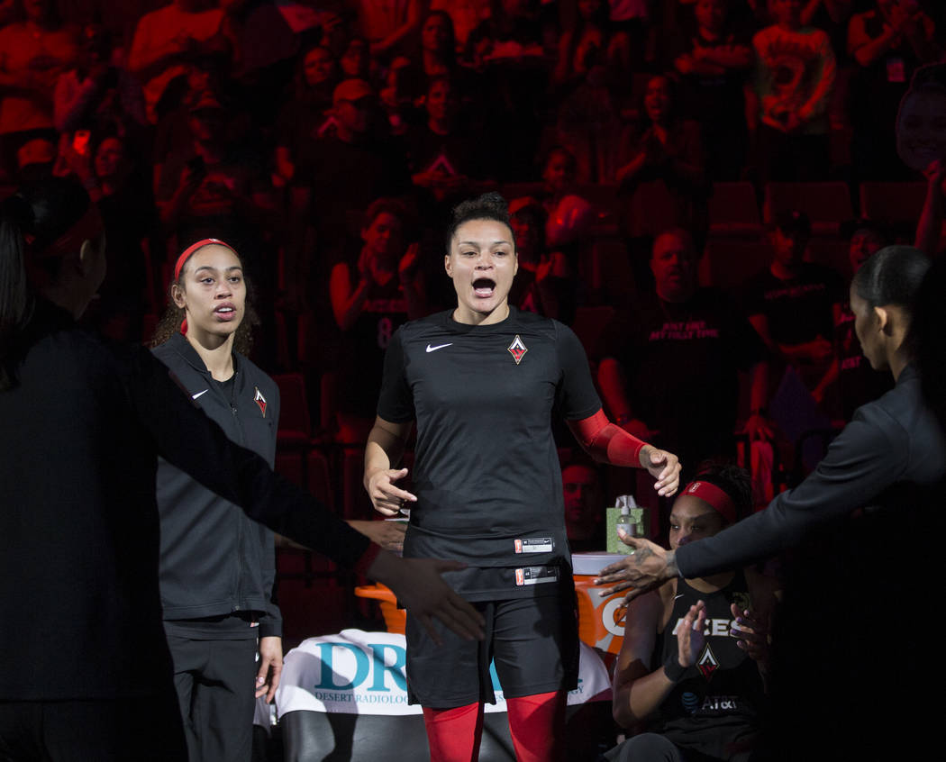 Las Vegas Aces guard Kayla McBride (21) is announced before the start of Vegas' home game with ...