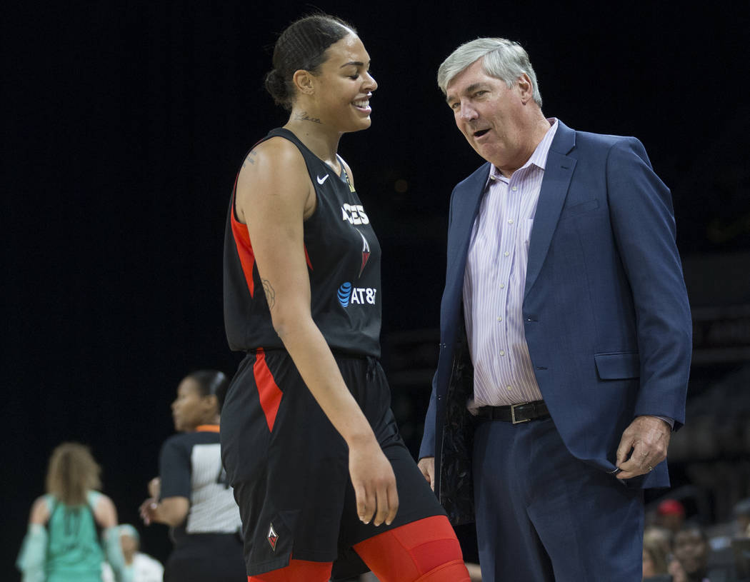 Las Vegas Aces head coach Bill Laimbeer, right, shares a laugh with Las Vegas Aces center Liz C ...