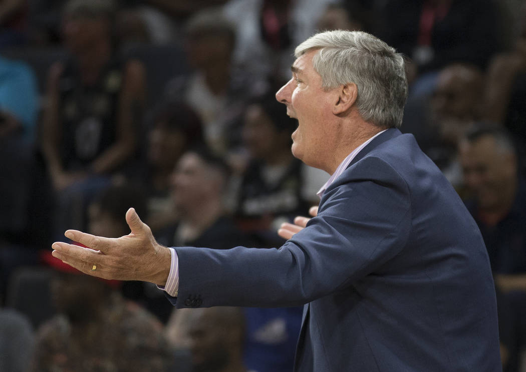 Las Vegas Aces head coach Bill Laimbeer argues a call in the second quarter during Vegas' home ...