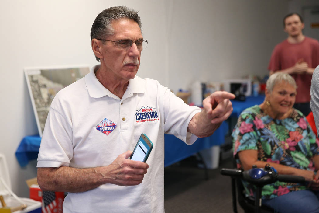 North Las Vegas Ward 4 incumbent councilman Richard Cherchio looks at election results during h ...