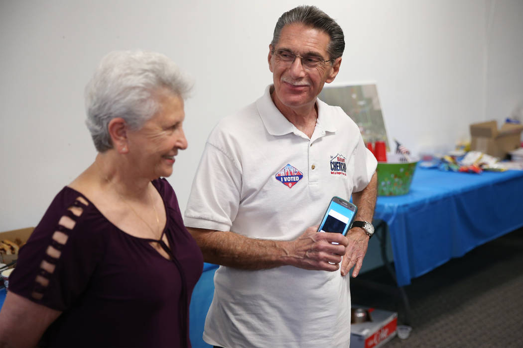 North Las Vegas Ward 4 incumbent councilman Richard Cherchio, right, with his wife, Gloria, sha ...