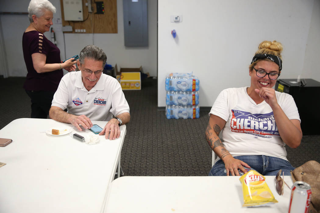 North Las Vegas Ward 4 incumbent councilman Richard Cherchio, second from left, with his wife G ...