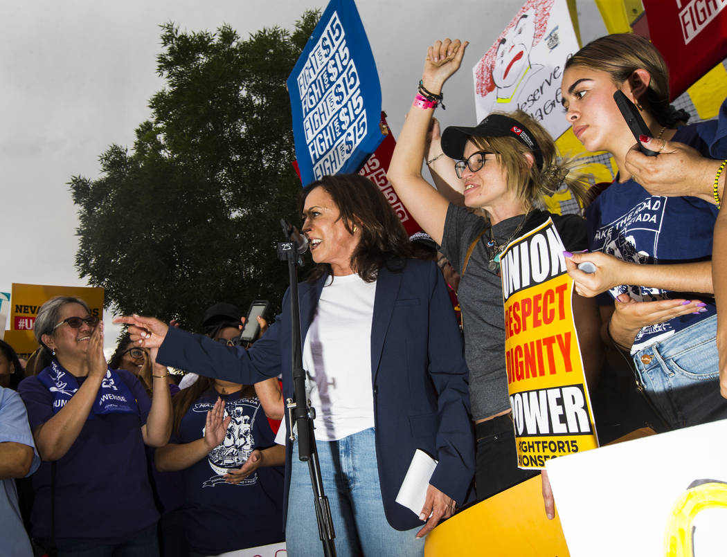 U.S. Sen. Kamala Harris, D-Calif., a Democratic presidential hopeful, addresses workers on stri ...