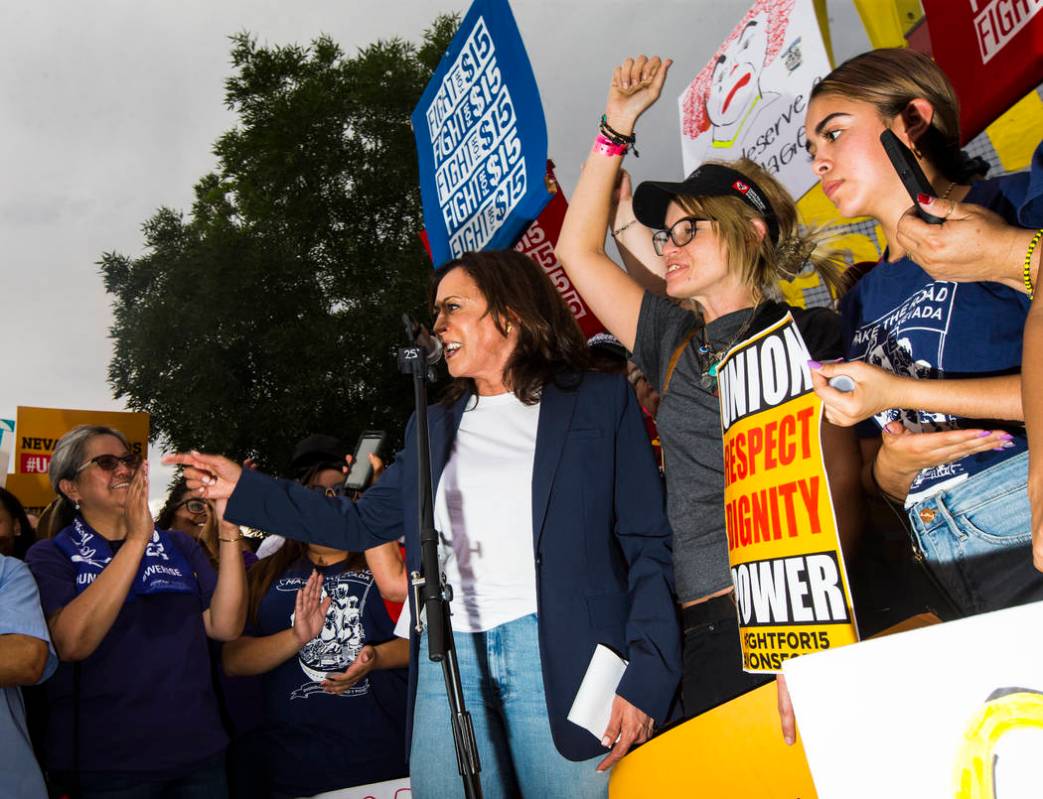 U.S. Sen. Kamala Harris, D-Calif., a Democratic presidential hopeful, addresses workers on stri ...