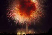 In a July 4, 2018, file photo, fireworks explode over Lincoln Memorial, Washington Monument and ...