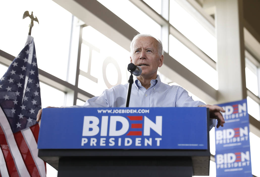 Democratic presidential candidate former Vice President Joe Biden speaks during a town hall mee ...
