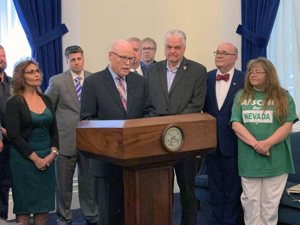 Lee Saunders, president of the American Federation of State, County and Municipal Employees, sp ...