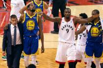 Golden State Warriors forward Kevin Durant (35) walks off the court after sustaining an injury ...