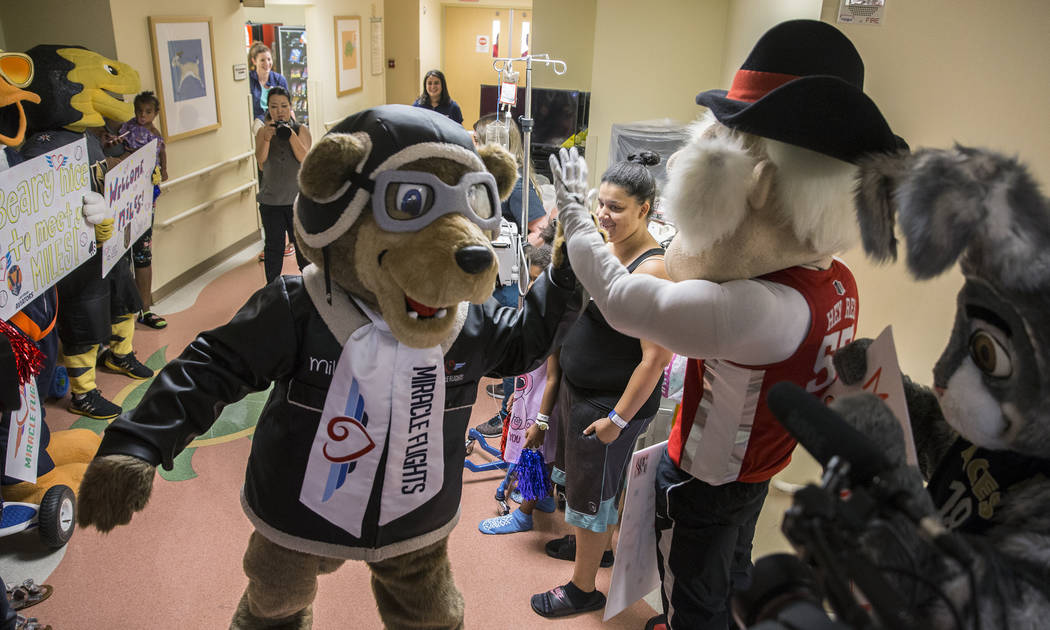 Miles the Miracle Flights Bear, the new mascot for Miracle Flights, greets UNLV's Hey Reb! duri ...