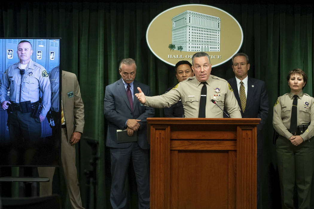 Los Angeles County Sheriff Alex Villanueva speaks during a news conference in Los Angeles on Tu ...