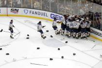The St. Louis Blues celebrate their win over the Boston Bruins in Game 7 of the NHL hockey Stan ...