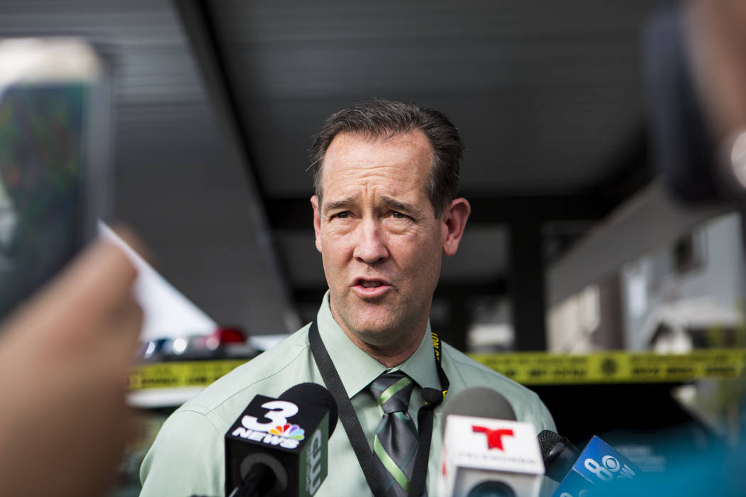 Las Vegas police homicide Capt. Jason Letkiewicz answers questions from the media during a brie ...