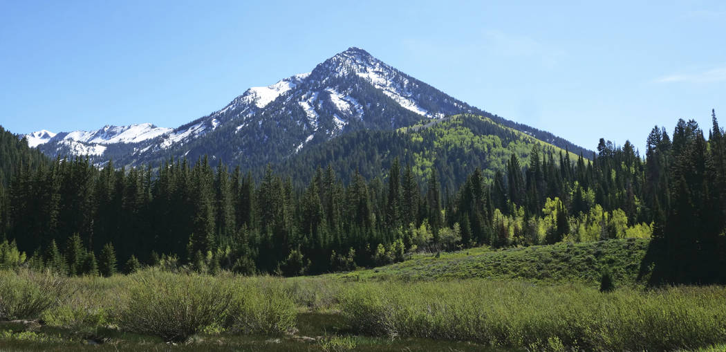 This Monday, June 10, 2019, photo shows snow covering a mountain in the Wasatch Range near Salt ...