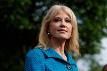 In this April 30, 2019 photo, White House counselor Kellyanne Conway talks with reporters outsi ...