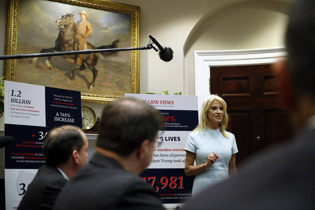 Counselor to the President Kellyanne Conway, speaks during a briefing on efforts to combat the ...