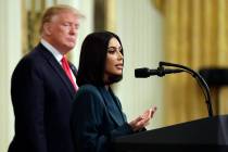 President Donald Trump listens to Kim Kardashian West, who is among the celebrities who have ad ...