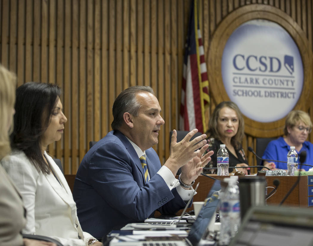 Clark County School Superintendent Dr. Jesus Jara, third from left, addresses the Clark County ...