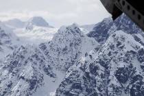 This April 24, 2016, file photo taken above the Kahiltna Glacier near Denali, shows peaks in th ...