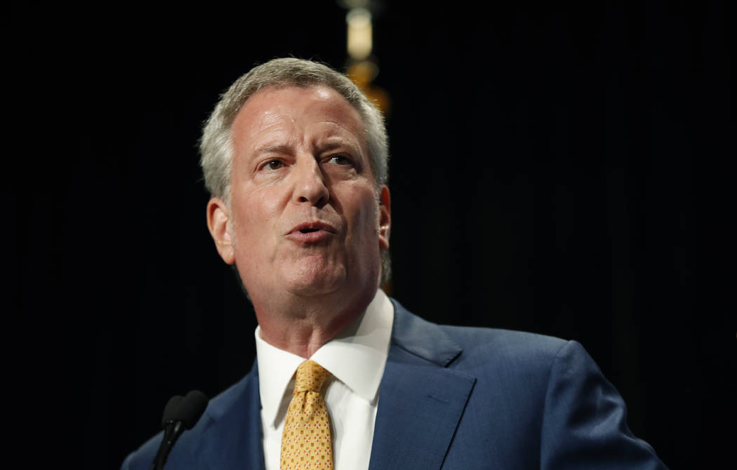 Democratic presidential candidate Bill de Blasio speaks during the Iowa Democratic Party's Hall ...