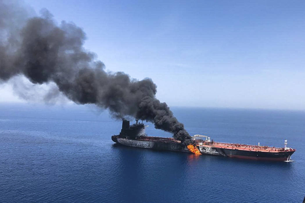 An oil tanker is on fire in the sea of Oman, Thursday, June 13, 2019. Two oil tankers near the ...