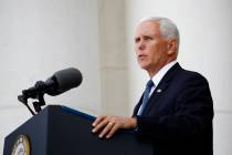 Vice President Mike Pence speaks at a Memorial Day ceremony after placing a wreath in front of ...