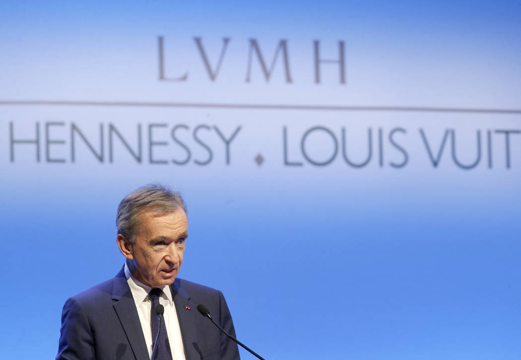 FILE - In this Jan.25, 2018 file photo, CEO of LVMH Bernard Arnault presents the group's 2017 r ...