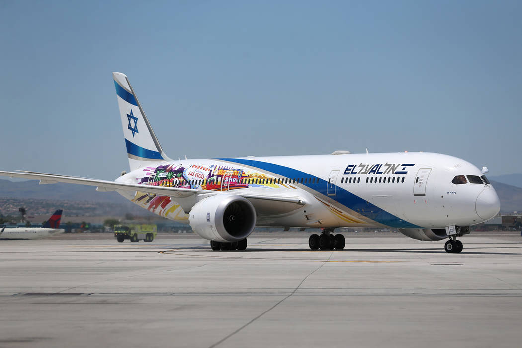 An El Al Israel Airlines flight makes their first flight landing from Tel Aviv, Israel to McCar ...