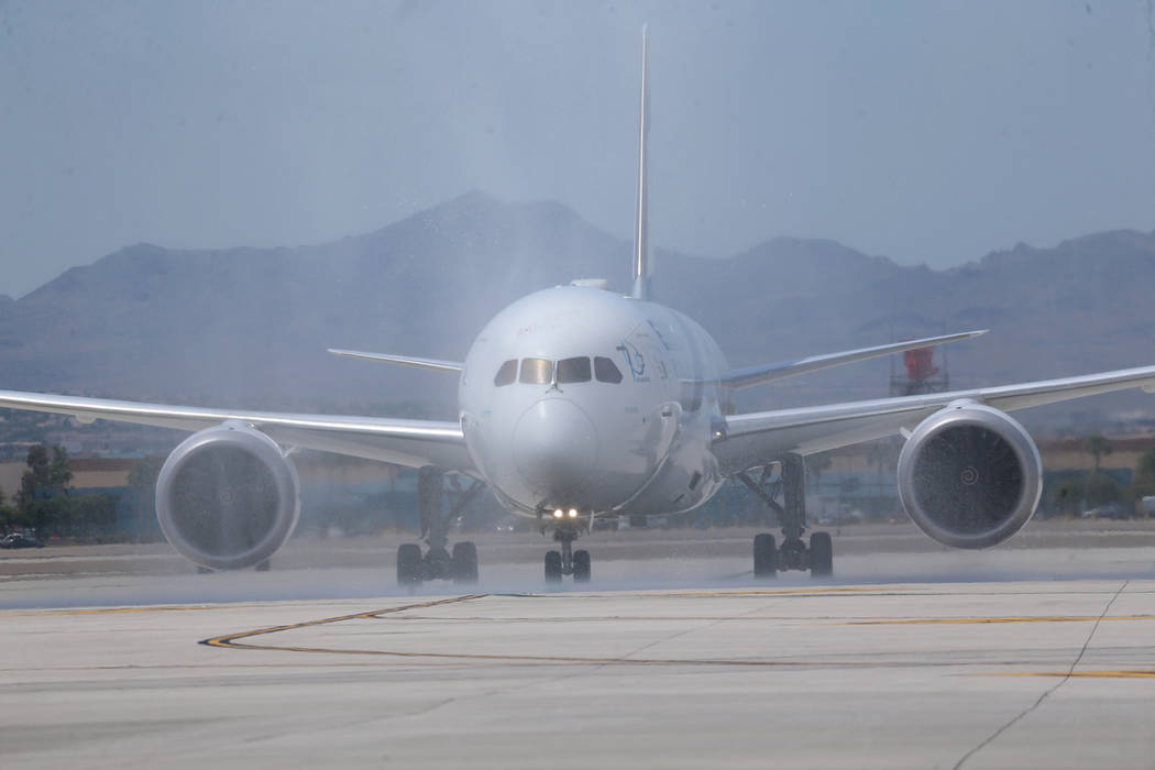 An El Al Israel Airlines flight makes their first flight landing from Tel Aviv, Israel to McCar ...