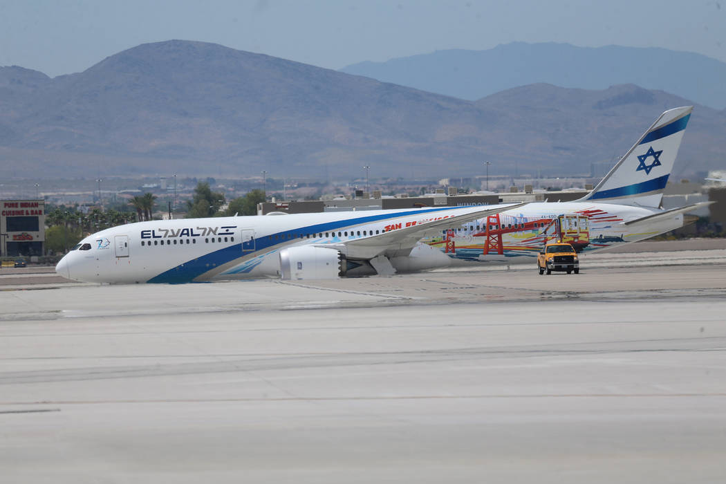 An El Al Israel Airlines flight makes their first flight landing from Tel Aviv, Israel to McCar ...