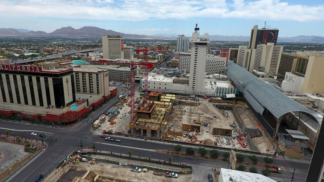 Aerial view of the Circa hotel casino construction site on the edge of the Fremont Street Exper ...