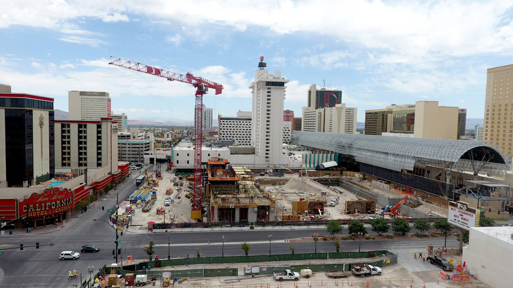 Aerial view of the Circa hotel casino construction site on the edge of the Fremont Street Exper ...