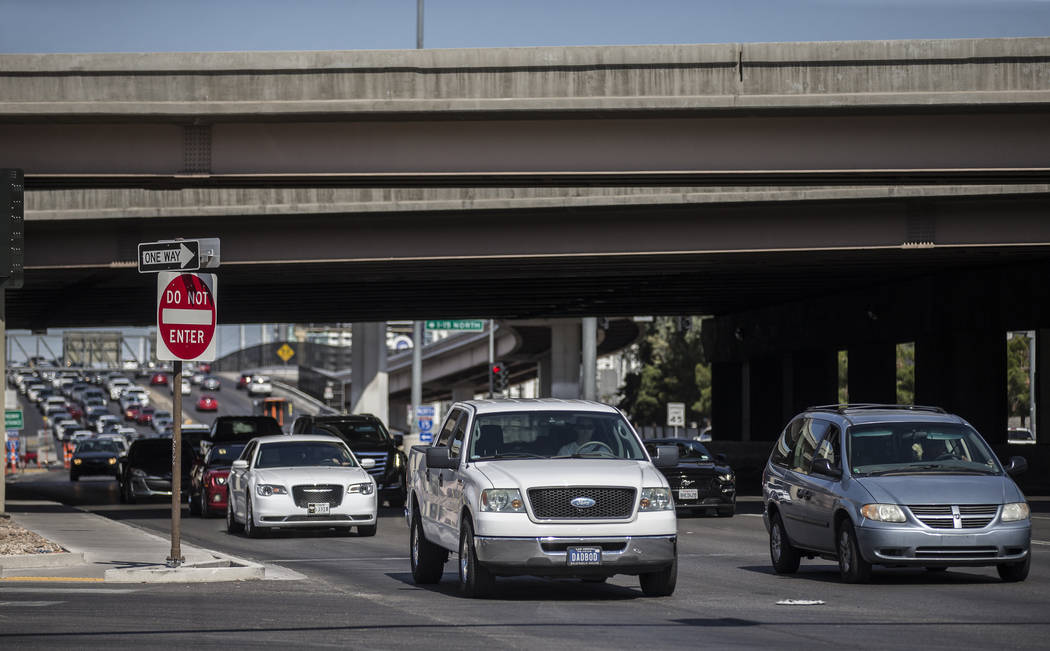 Traffic takes the Sahara Avenue detour off the Interstate 15 northbound due to a scheduled clos ...