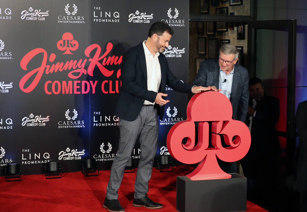 Emmy Award-winning TV host, Jimmy Kimmel, left, and Tony Rodio, right, CEO of Caesars Entertain ...