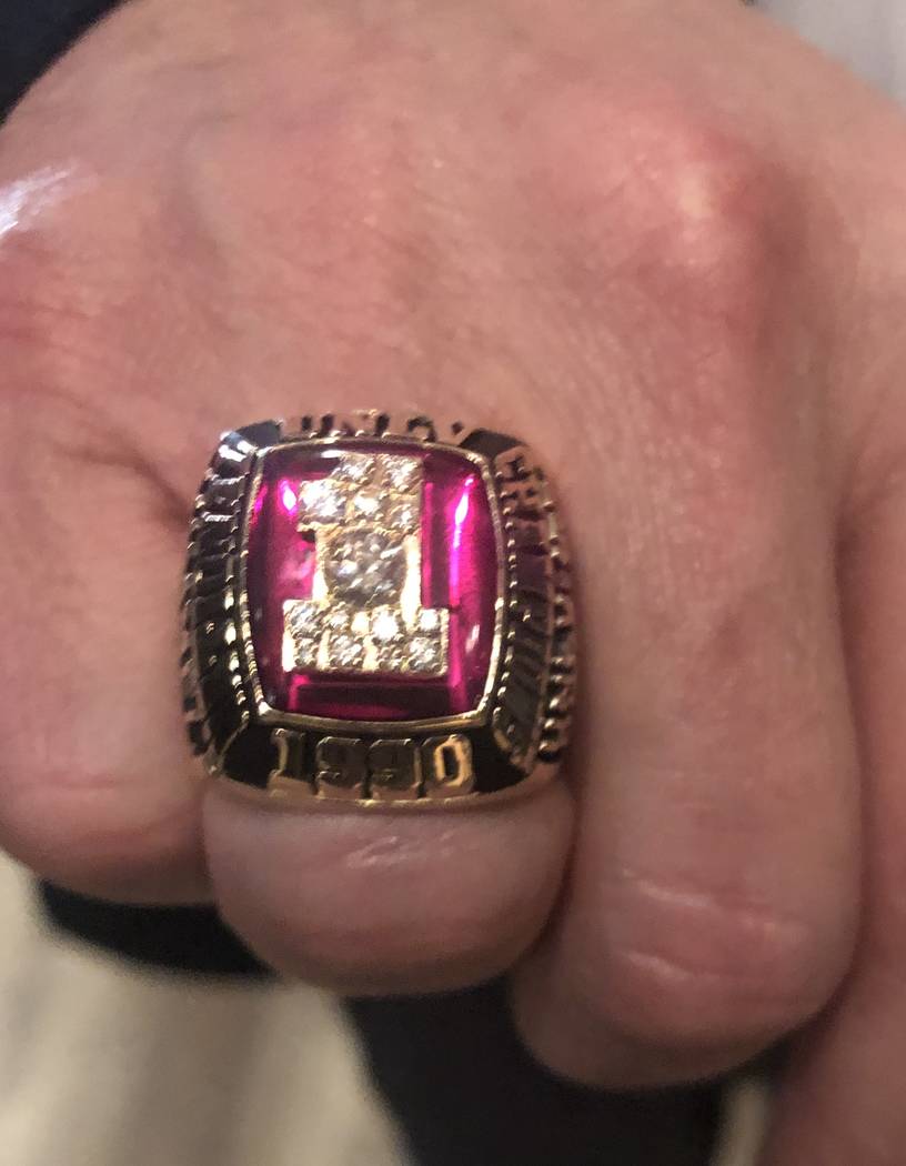 Jimmy Kimmel shows off his replica UNLV Runnin' Rebels 1990 NCAA Championship ring at the openi ...
