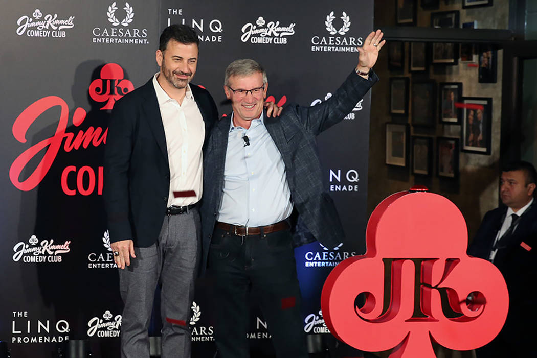Emmy Award-winning TV host, Jimmy Kimmel, left, and Tony Rodio, right, CEO of Caesars Entertain ...