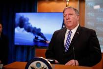 Secretary of State Mike Pompeo speaks during a media availability at the State Department, Thur ...