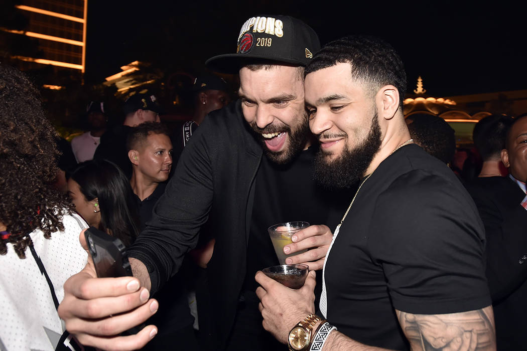 Marc Gasol, left, and Fred VanVleet of the Toronto Raptors celebrate their NBA championship at ...