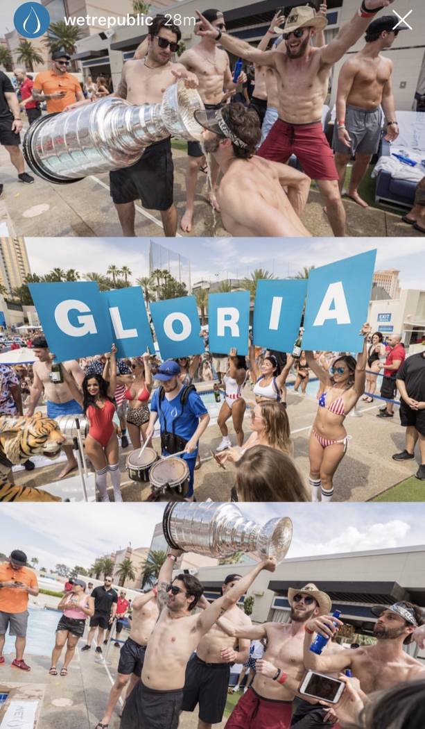 Members of the St. Louis Blues are shown with the Stanley Cup at Wet Republic at MGM Grand on S ...
